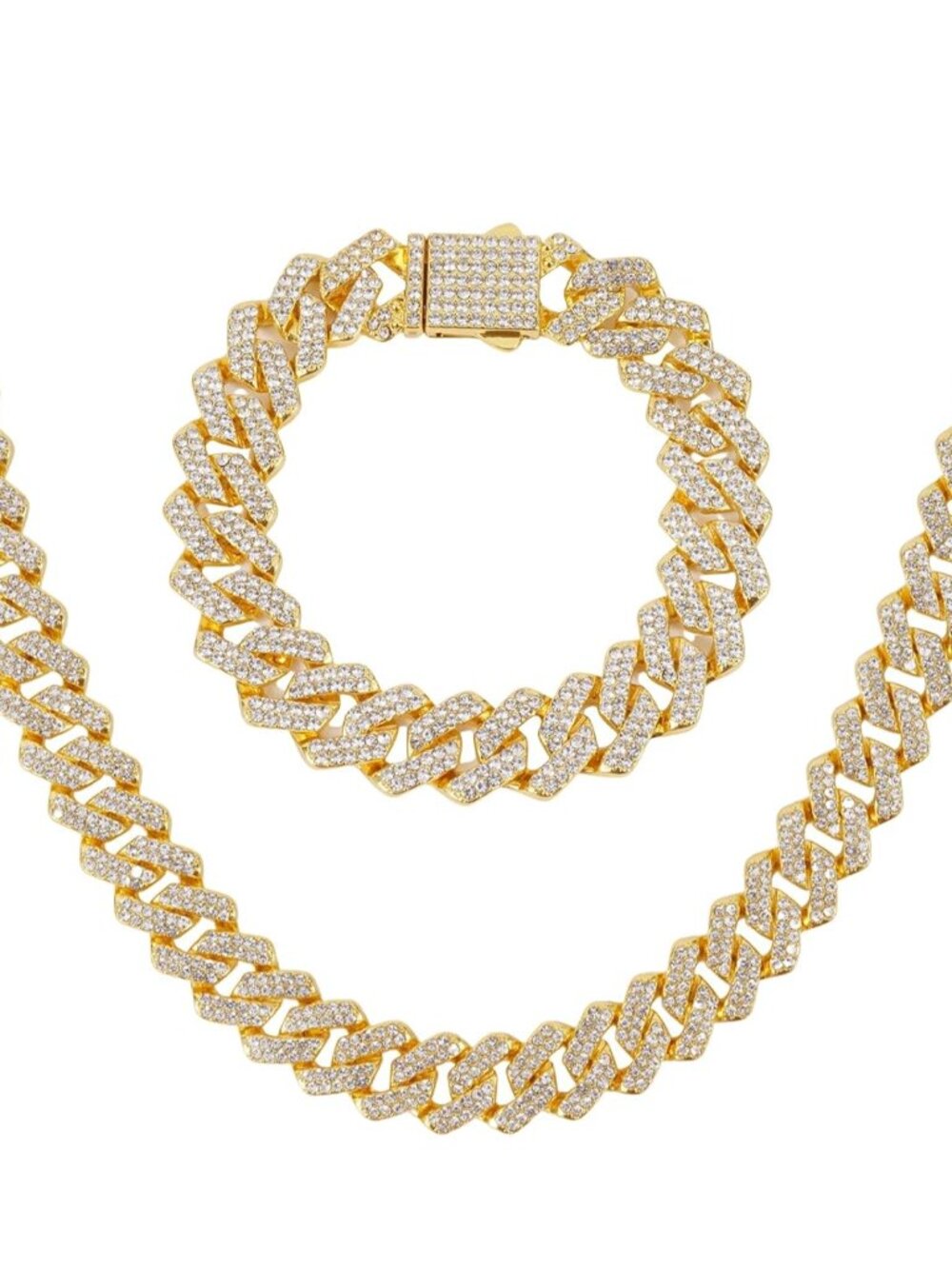 2pcs Mens Cuban Link Chain & Bracelet Gold Silver Plated Bling Miami Cuban Neckl